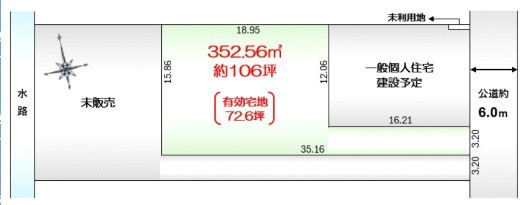 敷地面積１０６坪　売地　越谷市船渡①の土地図|区画図　敷地面積１０６坪！有効宅地面積７２坪！建築条件なし売地！