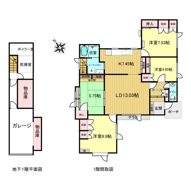 網走郡津別町字豊永２５番地１　地下１階付平屋建中古売家の間取り|間取りは4LDKで1階20.48帖LDKと洋室が9帖と7.53帖との4.95帖の3室で5.75帖の和室が1室あります。地下1階にはガレージ、物品庫、乾燥室、ボイラー室があります。
