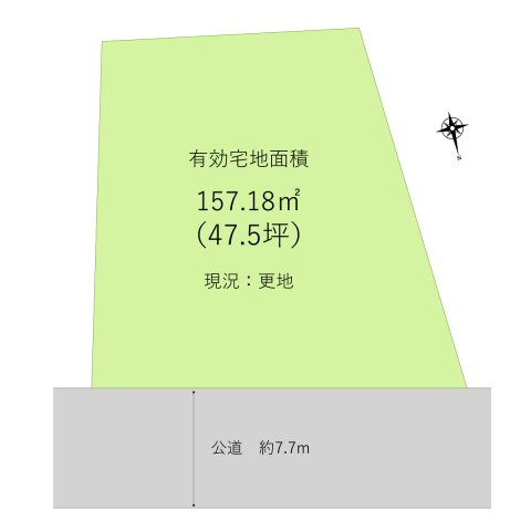 富士見市大字水子の売地の土地図|有効宅地面積47.5坪、間口広く前面道路幅員7.7m、開放的な立地です。
資料請求や現地案内など、お気軽にお問い合わせください。