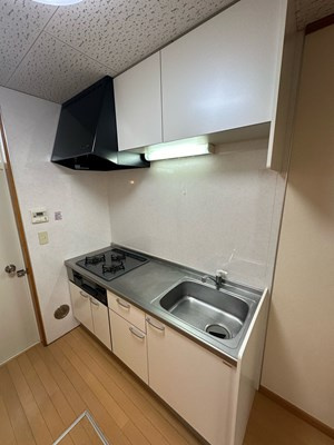 【キッチン】 | グリーンバレー王禅寺A | 白を基調としたシステムキッチンです！場所を取るお鍋やお皿もすっきり収納できます♪便利な床下収納も完備◎勝手口もあるのでごみ出しも便利ですね☆