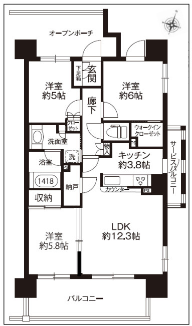プラウド宮原ガーデニアの間取り|プラウド宮原ガーデニア、3LDK、専有面積75.14m2、バルコニー面積3.51m2