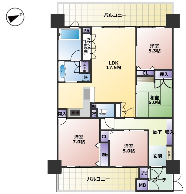 グランスイート近江・臨湖庵　の間取り|両面バルコニーの専有面積90㎡超え広々リビングです！