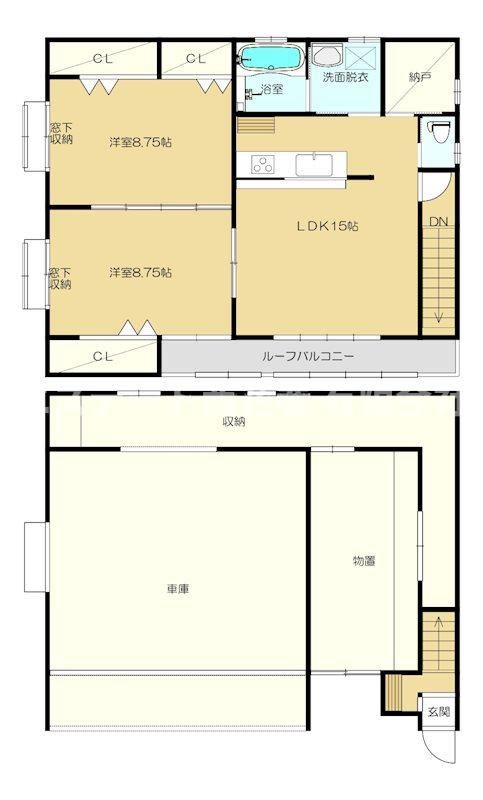 花巻市中北万丁目　土地建物の居間・リビング|車庫兼居宅　間取図2LDK