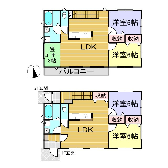 ソルテの間取り|1フロア1世帯の間取りです。リビングも広く、洋室も6畳ずつ確保してあるファミリー向けの間取りで長くお住まいいただける環境が演出されています！