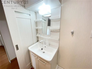 化粧品や洗顔料、歯ブラシなどの必需品をまとめて置ける収納スペースがあり、使用するたびに取り出す手間が省けます。また、水回りのため、濡れても大丈夫な素材が使用されており、お手入れが簡単です。
