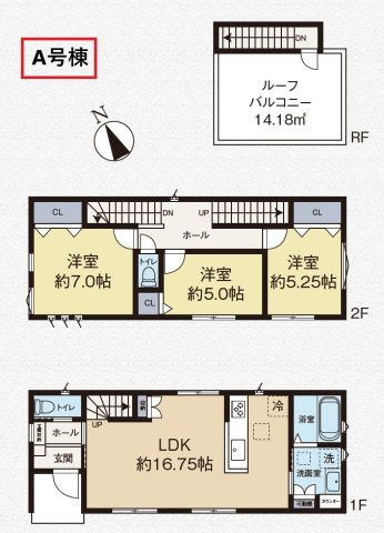 入間市扇町屋2丁目・全3棟　新築未入居一戸建　A号棟　の間取り|【A号棟】明るい陽光が差し込む南向き3LDK。広々としたルーフバルコニー付き♪