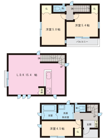 【間取り】 | 入間郡三芳町藤久保　未入居一戸建住宅　全1棟（ふじみ野店） | リビングイン階段＆対面式キッチンを採用。