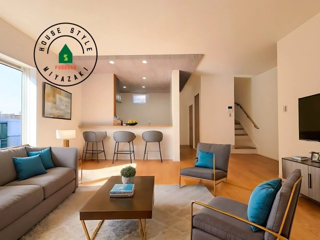 パティオニュータウン月見ヶ丘（6号棟）の居間・リビング|キッチンからリビングをしっかり確認できます。家族の笑顔があふれる空間になりそうですね。※家具はCGを合成したものです。