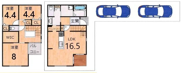 下鴨蓼倉町 土地の参考プラン|建物参考プラン：価格/2224万円。1F/47.61㎡・2F/44.30㎡。