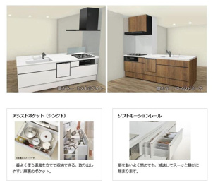 一番よく使う道具を立てて収納できる、取り出しやすい扉裏のポケット。
扉を勢いよく閉めても、減速してスーッと静かに閉まります。