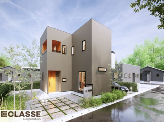 【外観パース】 | 城陽市寺田深谷　3区画　1号地　売土地　建築条件付き | 参考プランになりますので、お客様のお好みの外観を一緒に作らせていただきます。外壁には、メンテナンスが楽な光セラを採用しており、汚れがつきにくく、色あせもしにくいのでおススメです！