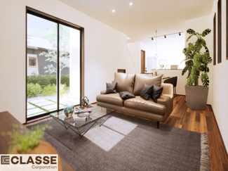 【完成予想図】 | 城陽市寺田深谷　3区画　1号地　売土地　建築条件付き | アトリエスタイルハウス仕様の窓はペアガラス、サッシはアルミ×樹脂複合のハイブリットサッシを採用。ガラスの間には断熱性の高いアルゴンガスを充填しておりますので、より断熱性能が高まる仕様になっております。