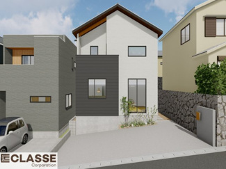 【外観パース】 | 城陽市寺田深谷　3区画　3号地　売土地　建築条件付き | 参考プランになりますので、お客様のお好みの外観を一緒に作らせていただきます。外壁には、メンテナンスが楽な光セラを採用しており、汚れがつきにくく、色あせもしにくいのでおススメです！