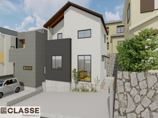 【外観パース】 | 城陽市寺田深谷　3区画　3号地　売土地　建築条件付き | アトリエスタイルハウス仕様の窓はペアガラス、サッシはアルミ×樹脂複合のハイブリットサッシを採用。ガラスの間には断熱性の高いアルゴンガスを充填しておりますので、より断熱性能が高まる仕様になっております。