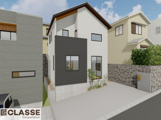 【外観パース】 | 城陽市寺田深谷　3区画　3号地　売土地　建築条件付き | 弊社は、気密測定器を保有しており、自社での気密測定を実現しております。気密処理をし、気密測定まで標準でさせていただいております。