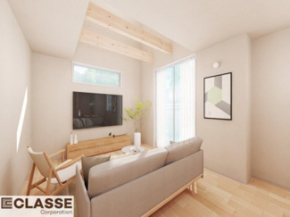 【完成予想図】 | 城陽市寺田深谷　3区画　3号地　売土地　建築条件付き | 標準仕様（アトリエスタイルハウス仕様）で断熱材は気密性、断熱性能も高い、吹付断熱を採用。屋根断熱を実現していますので、お家全体が冬はあったかく、夏は涼しいお家づくりが可能です。