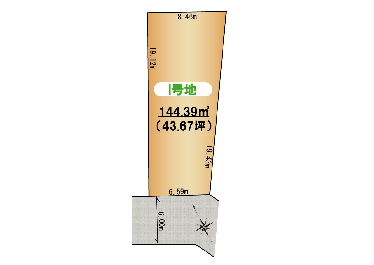 熊取町野田１丁目　建築条件無し売り土地　I号地の土地図|I号　43.67坪　都市ガス　公共下水引き込み済