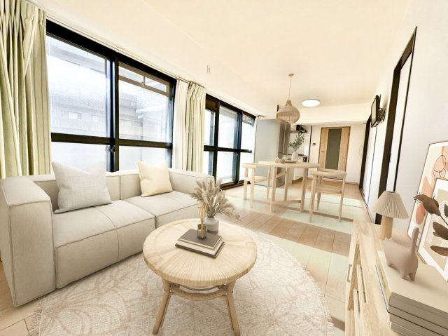 ライオンズマンション住吉南町の居間・リビング|約12.6帖のリビングです。
二重サッシとなっておりますので周りの音を気にすることなく生活することが出来ます。
※家具はCGにより取り込んだものです。