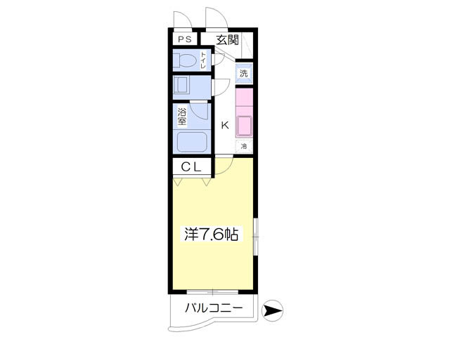 26.1平米　洋室7.6帖の１Ｋ！