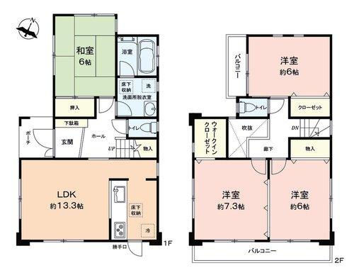 富士見市東みずほ台４丁目の中古一戸建の間取り|全居室6帖以上＆収納付、4LDKのゆとりある一戸建てです。2階全室がバルコニーに面し、風通りが良く明るい室内です。