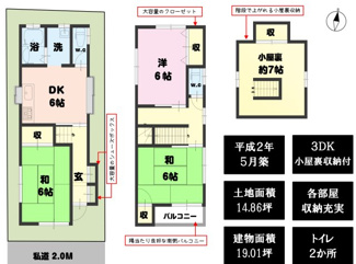【間取り】 | 葛飾区奥戸９（小岩駅）1480万円 | 1480万円、3DK、土地面積49.13㎡、建物面積62.86㎡ 階段で上がれる小屋裏収納付き。