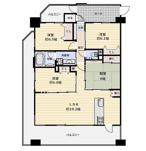 ■□フォレストコート春日町□■の間取り|建物面積90.12㎡(壁芯)27.3坪。
３面バルコニー35.85㎡。4LDK。