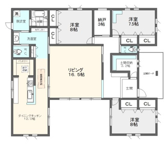 【間取り】 | 築４年のおしゃれな平屋／つくば市上郷 | 建物中心にリビングを設け中庭を望めるコの字の住宅