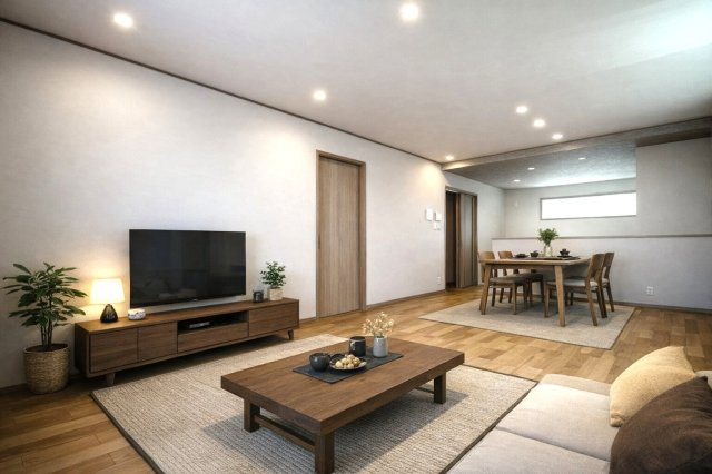 戸建　一宮市木曽川町黒田Ⅲ　全2区画分譲の居間・リビング|【家具等配置イメージ画像】
フローリング材は木目調でナチュラルな美しさ。様々な傷やクラックの発生を大幅に抑える特殊加工済みです。