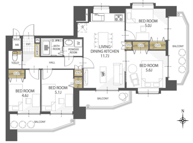 【間取り】 | 三愛シティライフ箱崎12 | フルリフォーム完了後のお渡しなので気持ちよく新生活を始められます☆彡 2面バルコニー付きで室内の陽当り・風通し良好です。リビングも各居室も広々としており、収納スペースも充実しています