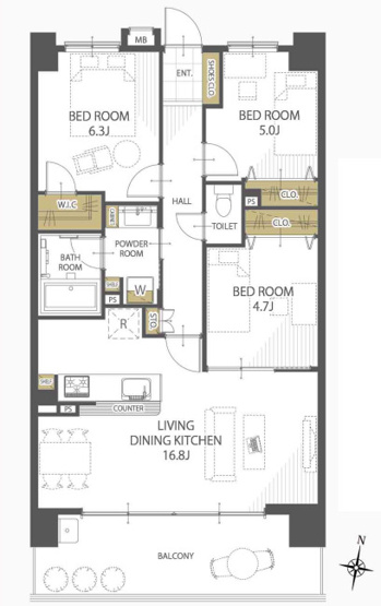 【間取り】 | グランフォーレ荒江サウステラス | フルリフォーム完了後のお渡しなので気持ちよく新生活を始められます。南向きの明るい3LDKです。ペットOKなので大切な家族も一緒に新生活を始められますよ！