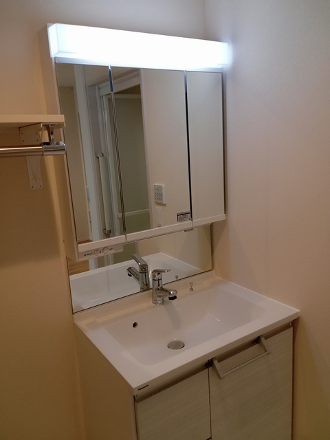 （シニア限定）ノーブル　レジデンスの洗面所|鏡面裏に収納あり。ホースヘッド。