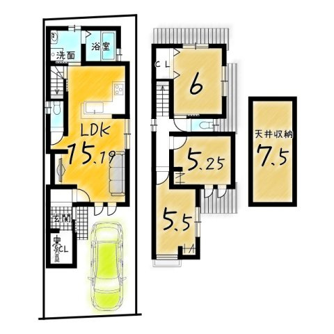 上植野町山ノ下　建築条件付き土地の土地図＋建物プラン例