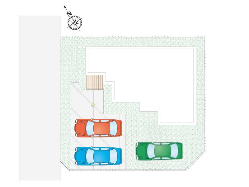 1号棟：インターロッキング舗装・植栽付きの贅沢な外構設備！駐車最大3台可能で、ご夫婦に加えて来客時の駐車スペースにも困りません。