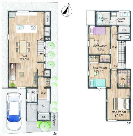 川西町2号地 売土地の土地図＋建物プラン例|2号地参考プラン
水回りと寝室を2Fに集約した参考プランもご用意しております