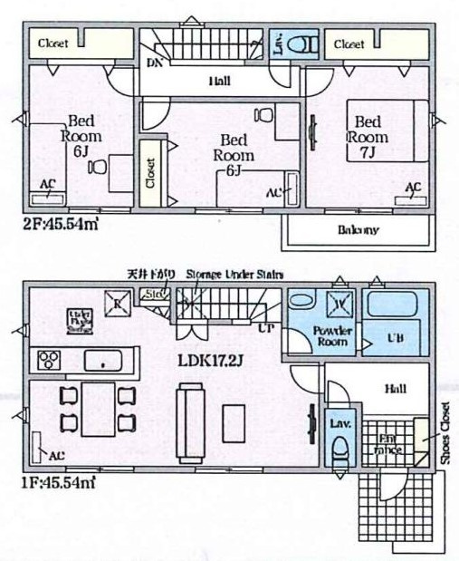 高浜市屋敷町２丁目5-22『仲介手数料無料』新築戸建ての間取り|　2号棟　1F:LDK17.2帖！家族が集まるリビングイン階段♪キッチン収納・階段下収納♪2F:主寝室7帖・洋室6帖・洋室6帖　CL設置♪南面バルコニー♪全室南向き♪