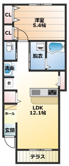 【間取り】 | ティアメゾン | 1LDK（洋５．４・LDK１２．1）の間取りです