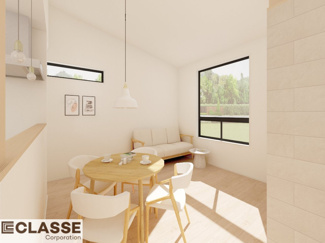 【完成予想図】 | 宇治市五ヶ庄福角　2区画B号地　売土地　建築条件付き | アトリエスタイルハウス仕様の窓はペアガラス、サッシはアルミ×樹脂複合のハイブリットサッシを採用。ガラスの間には断熱性の高いアルゴンガスを充填しておりますので、より断熱性能が高まる仕様になっております