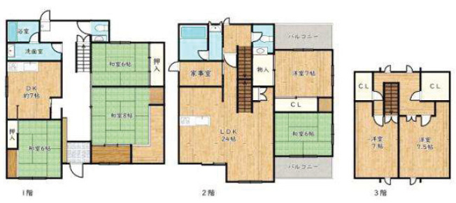 【間取り】 | 姫路市奥山　中古戸建 | 鉄骨造3階建て　7LDK+DKです。