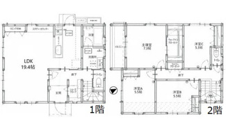 【間取り】 | 呉市焼山桜ヶ丘2丁目　限定1棟【角地】【P5台可】 | 19帖リビング☆2階4室☆ファミリータイプ4LDK☆シューズインクローゼット☆ウォークインクローゼット☆ゆとりの間どりプラン☆