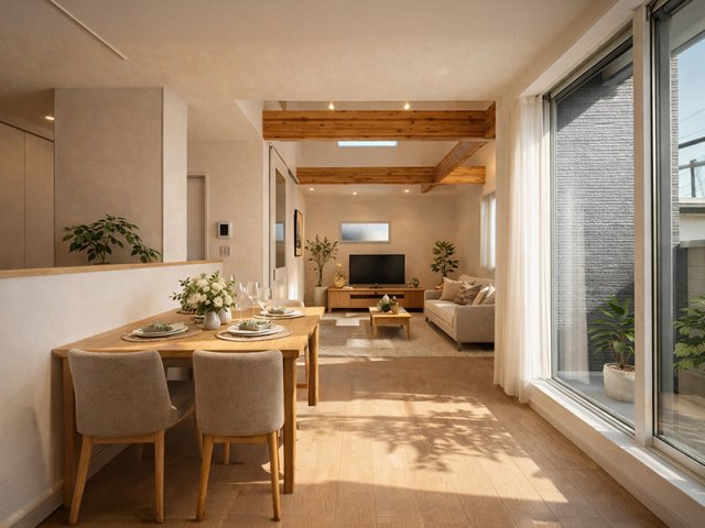 新築戸建　茅ヶ崎市香川5丁目の居間・リビング|生活がイメージできるように、AIを使用して家具・家電・小物等を配置しております。