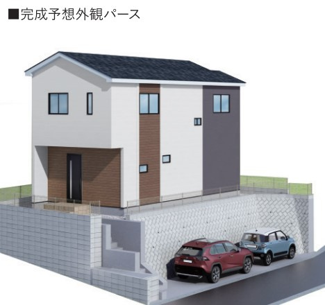 海まで徒歩約8分！間仕切りで4LDKに変更することができる新築戸建の外観パース