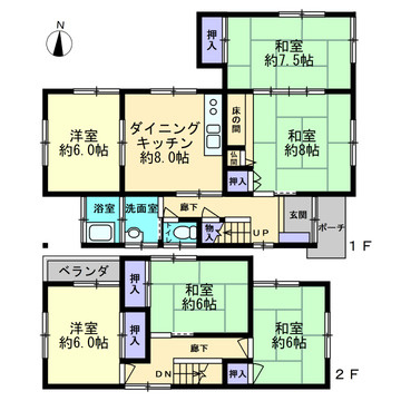 青崎2丁目　一戸建ての間取り|増築歴（1階和室約7.5帖+押入）のある全居室6帖以上の6DK。空間を広く使える続き間があります。