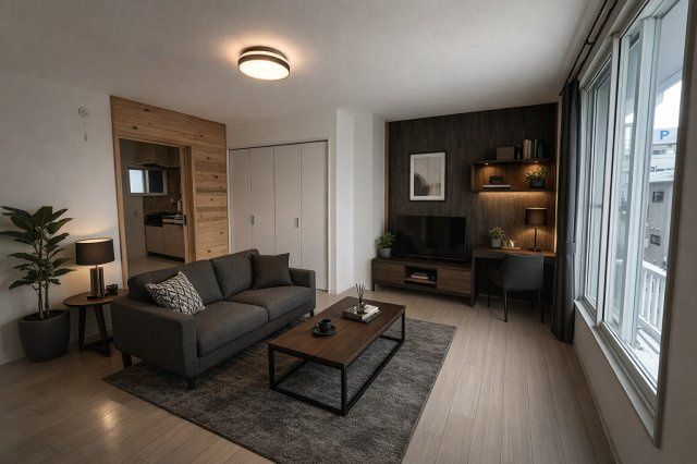 コーポアズールⅡの居間・リビング|大人のひとり暮らしに、ちょうどいい空気感。※家具はAI生成によるイメージです。