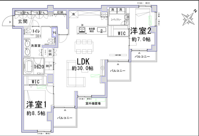 【間取り】 | ★仲介手数料無料★ニューライフ一番町（スケルトンからのリノベーション済み　イギリス大使館の緑を望める部屋位置）