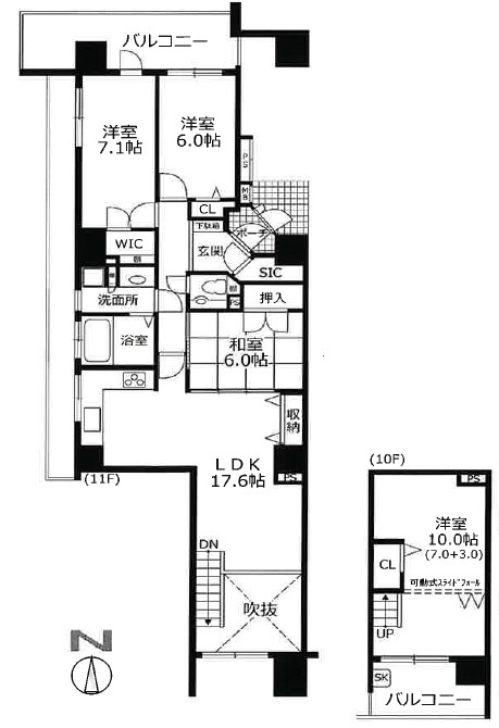 アルファステイツ姫路本町　10・11階の間取り|10・11階　メゾネットのお部屋です。4LDK。