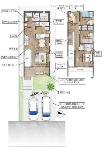 床暖房、LDK吹き抜けのある旧分譲地内の新築住宅の間取り