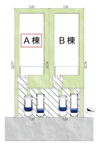 床暖房、LDK吹き抜けのある旧分譲地内の新築住宅の区画図