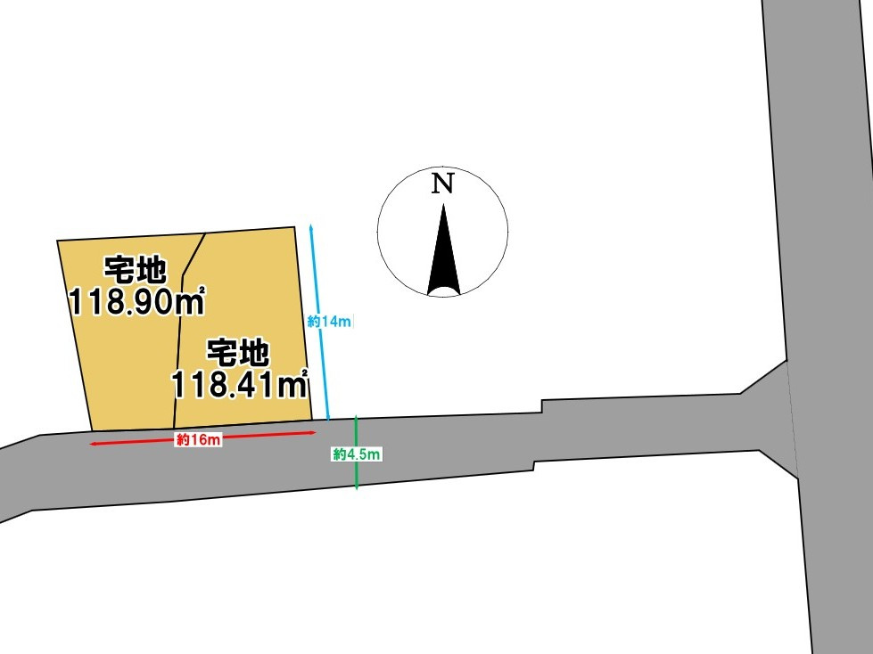 太宰府市観世音寺６丁目　土地の土地図|【宅地】237.31ｍ2（118.41ｍ2、118.90ｍ2）