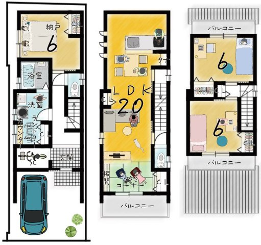 吉田中阿達町　建築条件付土地　3階建てプランの土地図＋建物プラン例
