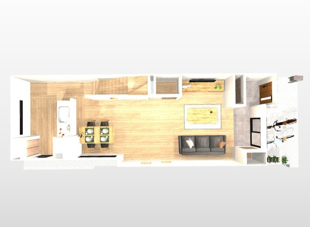 吉田中阿達町　建築条件付土地　メインプランの外観パース|【１階：パース図】20帖超のゆったりとしたリビングで家族団らんのひと時を♪